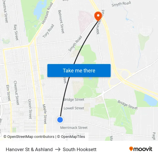 Hanover St & Ashland to South Hooksett map