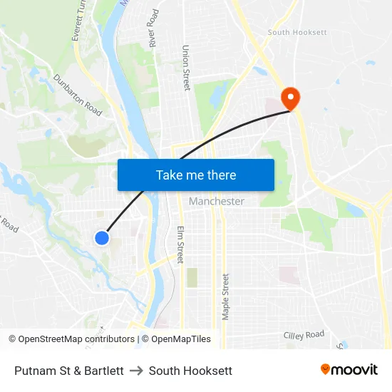 Putnam St & Bartlett to South Hooksett map