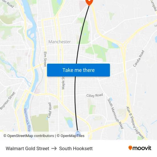 Walmart Gold Street to South Hooksett map