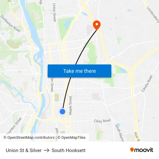 Union St & Silver to South Hooksett map
