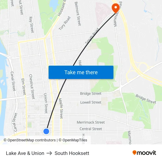 Lake Ave & Union to South Hooksett map
