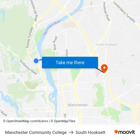 Manchester Community College to South Hooksett map