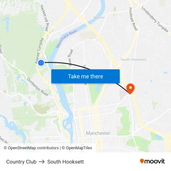 Country Club to South Hooksett map