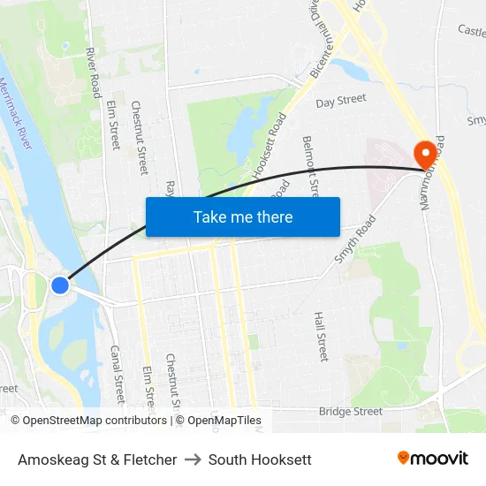 Amoskeag St & Fletcher to South Hooksett map