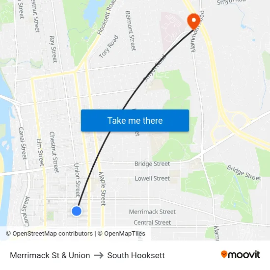 Merrimack St & Union to South Hooksett map