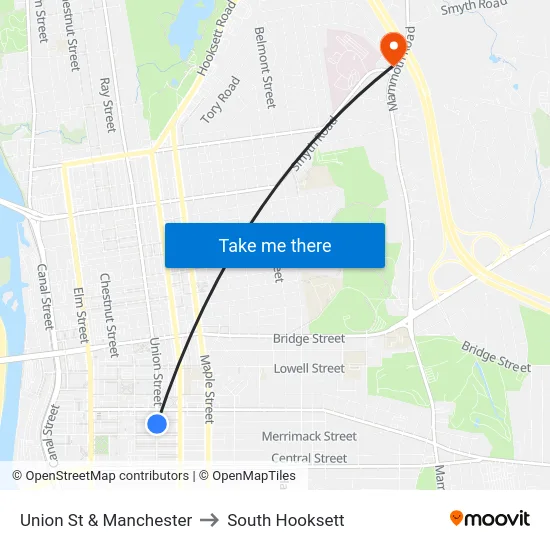 Union St & Manchester to South Hooksett map
