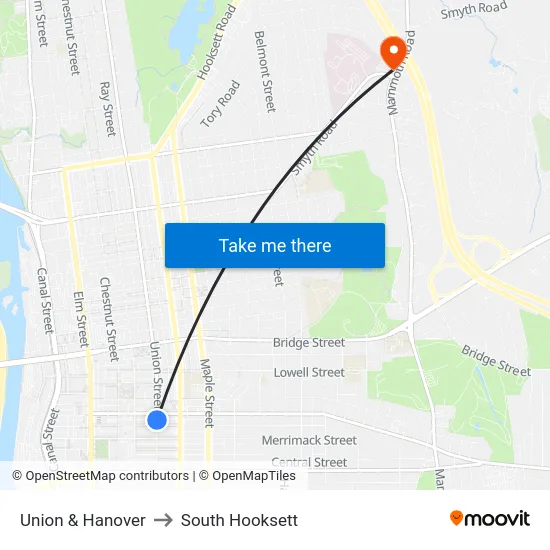 Union & Hanover to South Hooksett map