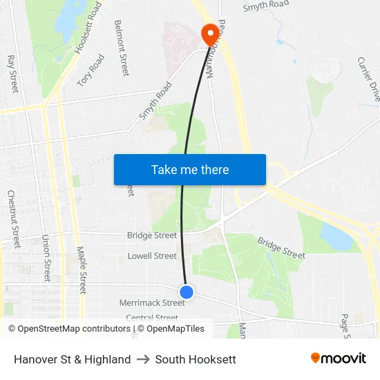 Hanover St & Highland to South Hooksett map