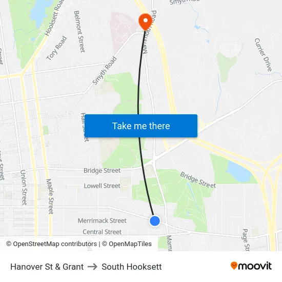 Hanover St & Grant to South Hooksett map