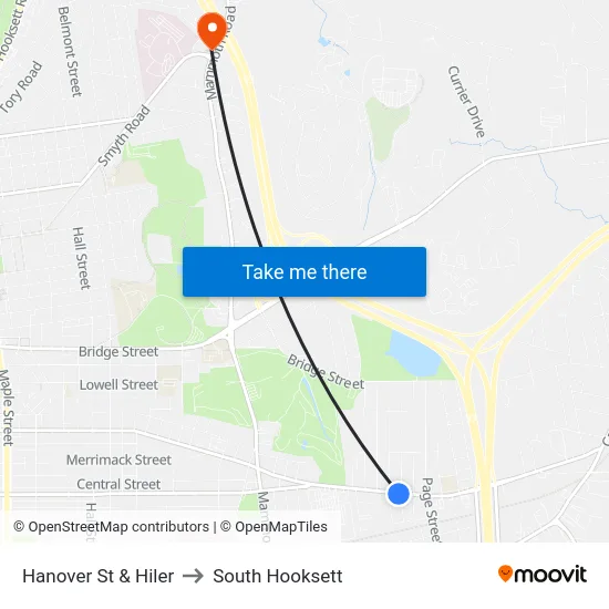 Hanover St & Hiler to South Hooksett map