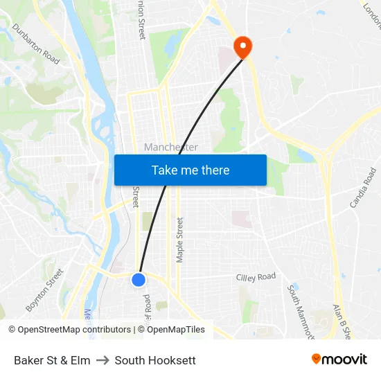 Baker St & Elm to South Hooksett map