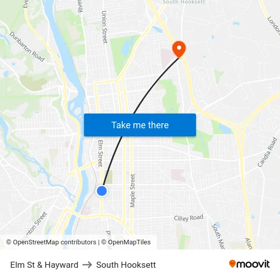 Elm St & Hayward to South Hooksett map