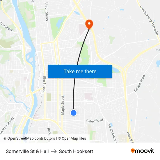 Somerville St & Hall to South Hooksett map