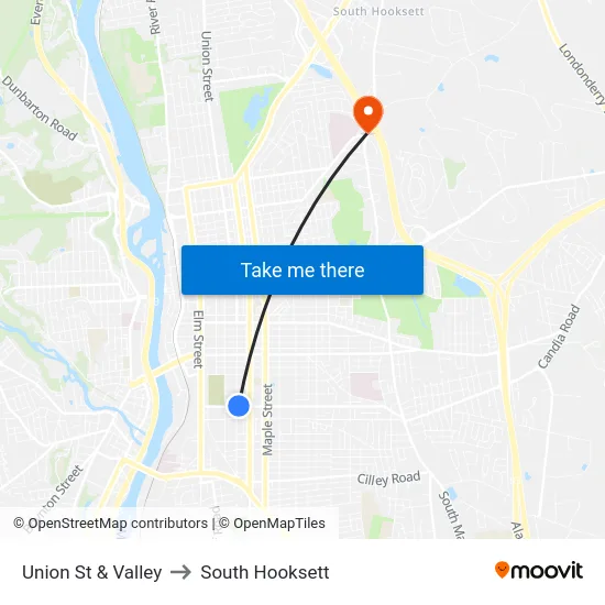 Union St & Valley to South Hooksett map