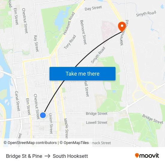 Bridge St & Pine to South Hooksett map