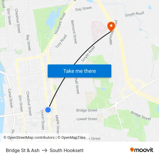 Bridge St & Ash to South Hooksett map