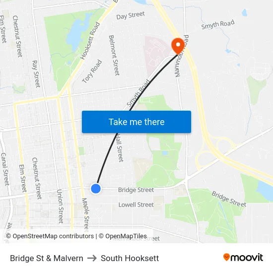 Bridge St & Malvern to South Hooksett map