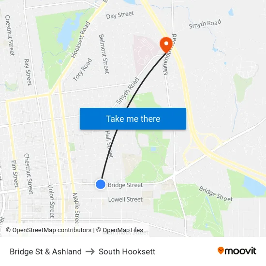 Bridge St & Ashland to South Hooksett map