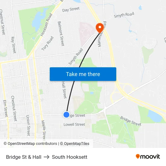 Bridge St & Hall to South Hooksett map