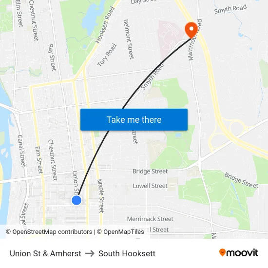 Union St & Amherst to South Hooksett map