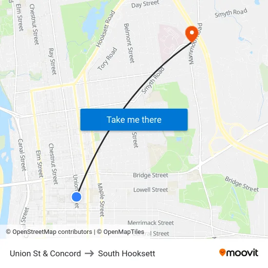 Union St & Concord to South Hooksett map