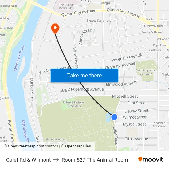 Calef Rd & Wilmont to Room 527 The Animal Room map