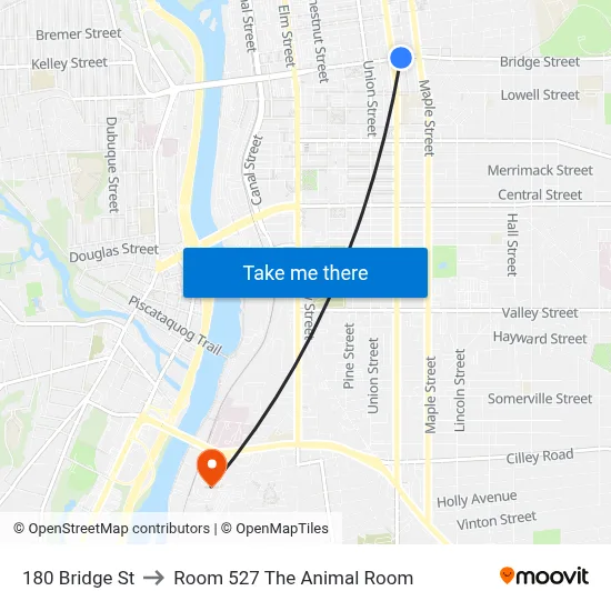 180 Bridge St to Room 527 The Animal Room map