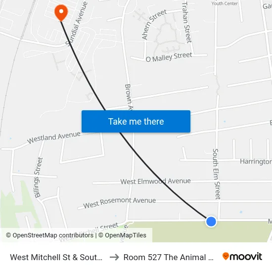 West Mitchell St & South Elm to Room 527 The Animal Room map