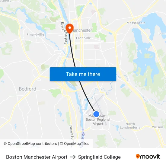 Boston Manchester Airport to Springfield College map