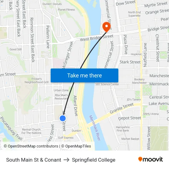 South Main St & Conant to Springfield College map