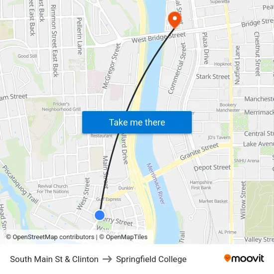 South Main St & Clinton to Springfield College map