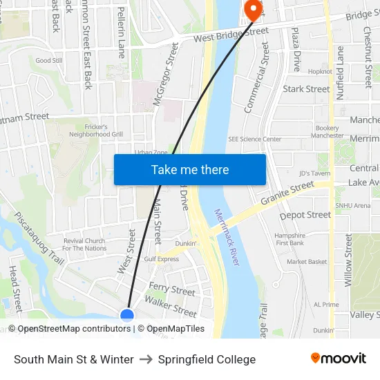 South Main St & Winter to Springfield College map