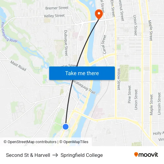 Second St & Harvell to Springfield College map