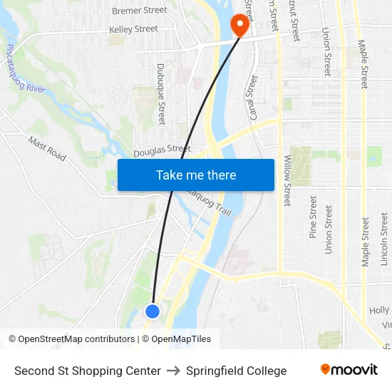 Second St Shopping Center to Springfield College map