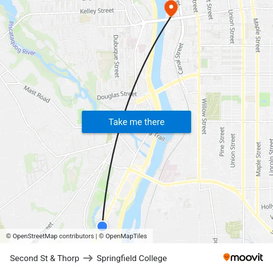 Second St & Thorp to Springfield College map
