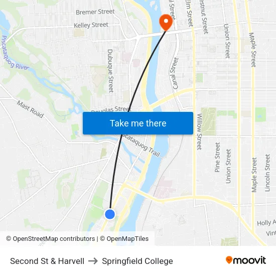 Second St & Harvell to Springfield College map