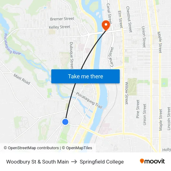 Woodbury St & South Main to Springfield College map