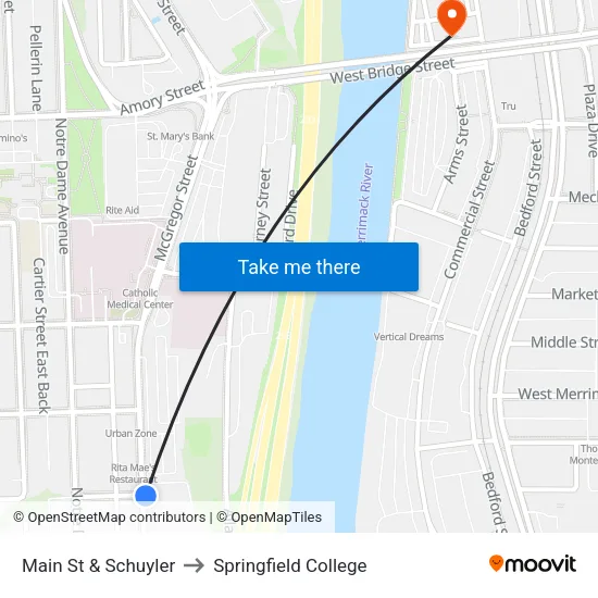 Main St & Schuyler to Springfield College map