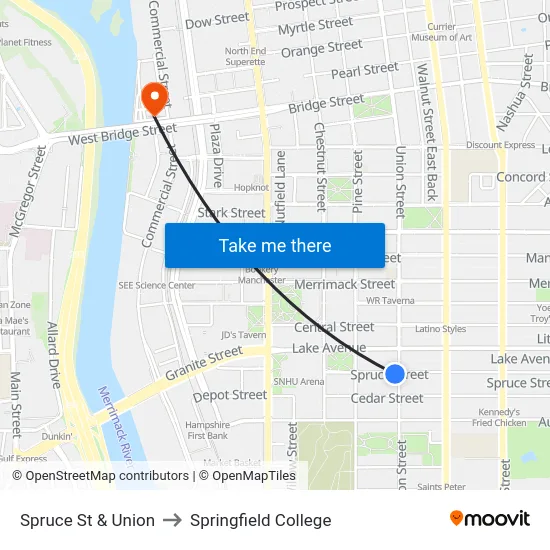 Spruce St & Union to Springfield College map