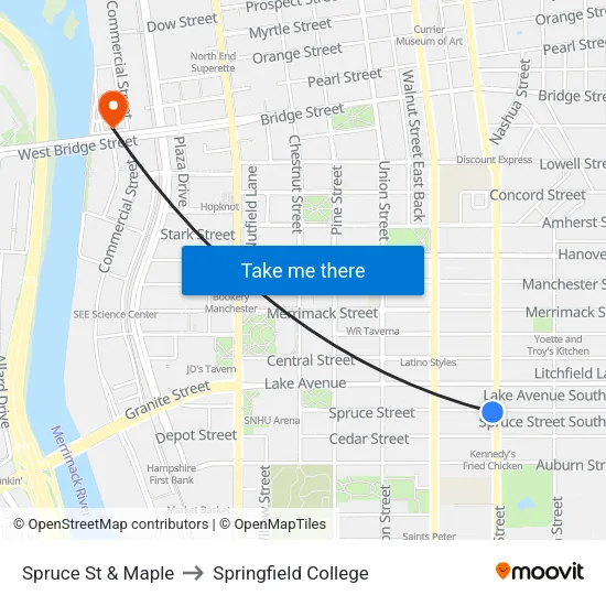 Spruce St & Maple to Springfield College map