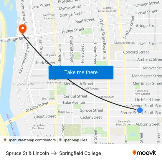 Spruce St & Lincoln to Springfield College map
