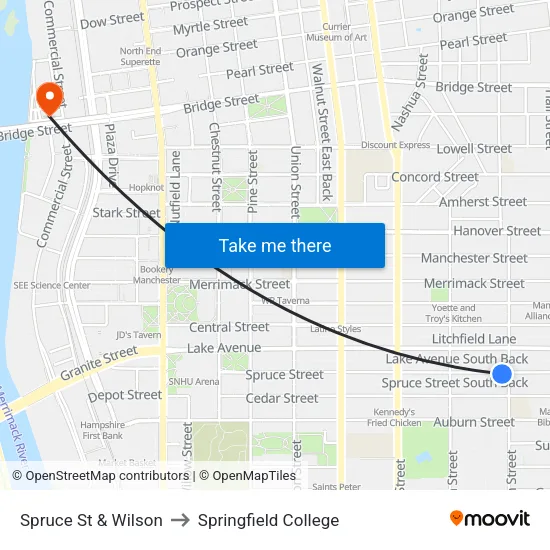 Spruce St & Wilson to Springfield College map