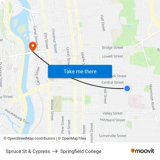 Spruce St & Cypress to Springfield College map