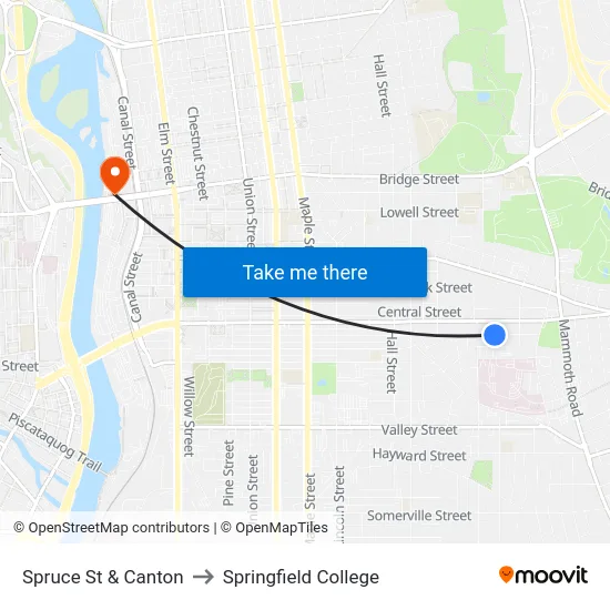 Spruce St & Canton to Springfield College map
