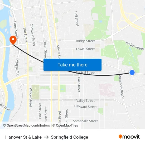 Hanover St & Lake to Springfield College map