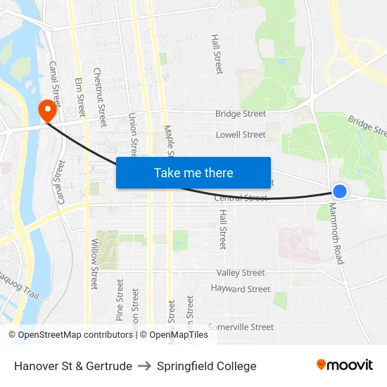 Hanover St & Gertrude to Springfield College map