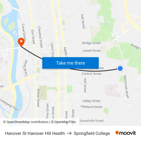 Hanover St Hanover Hill Health to Springfield College map