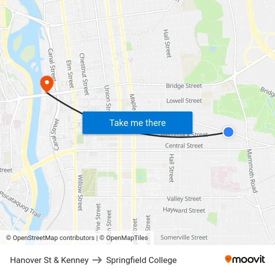 Hanover St & Kenney to Springfield College map