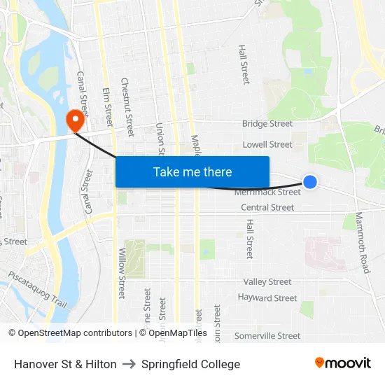 Hanover St & Hilton to Springfield College map