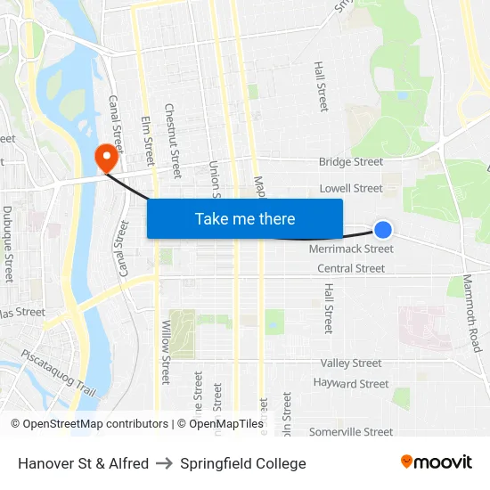 Hanover St & Alfred to Springfield College map